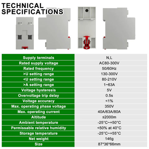 Adjustable Voltage Current Protector For Home And Shop Setup Smart Circuit Breaker 87x36x66mm DIN rail technical specs