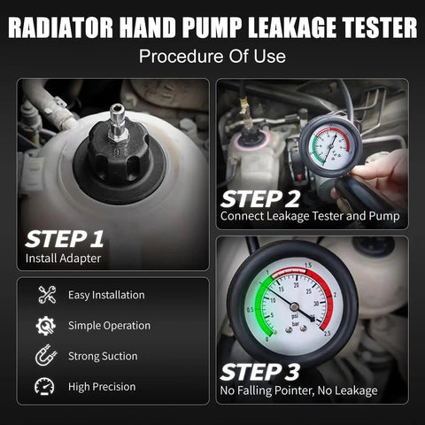 Hassle Free 16 Piece Universal Radiator Pressure Tester Kit With 13 Heavy Duty Adapters procedure steps on dashboard.