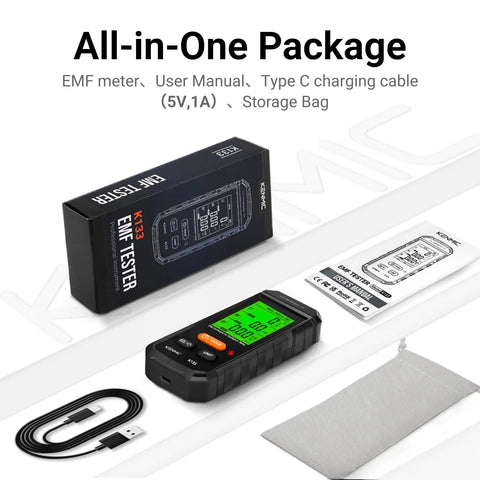 3 In 1 EMF Meter Detector For Electric Field, Magnetic Field, And RF Radiation, Handheld Safety Gear For Home, Office, And DIY Audits For Better Health And Safety Insights., all-in-one package with box, manual, Type C cable, and storage bag