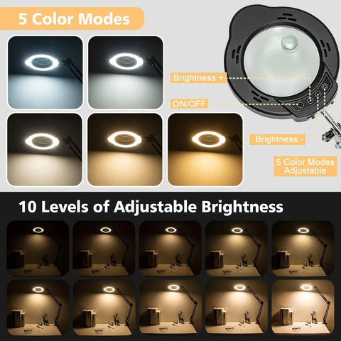 Hands Free Desk Magnifier With Light 15X And 10X Zoom, 84 LED Real Glass Lens, 5 Color Modes, Stepless Dimmable, Clamp Mount Table Lamp settings