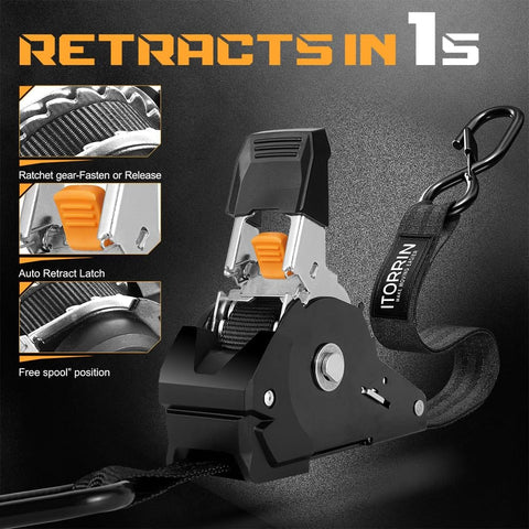 Close-up of Self Retracting Ratchet Straps 1 Inch By 10 Feet, 1650 Pound Break Strength with soft loops, highlighting retracting mechanism.