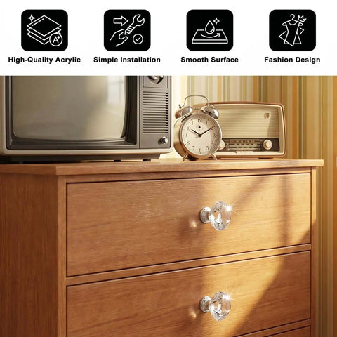 Crystal Drawer Knobs 20 Pack Diamond Shape Glass Cabinet Knobs for Dresser, with vintage TV and clock on wooden dresser
