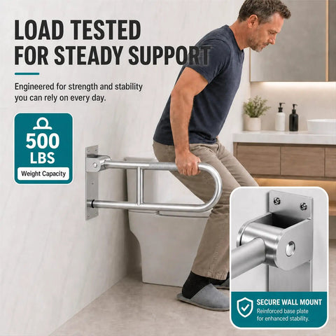 Hella Sturdy 24 Inch Folding Toilet Grab Bar With Rock Solid Anti Slip Surface For Bathroom Accessibility And Safe Shower Assistance Made From Brushed T304 Stainless Steel That Handles Up To Five Hundred Pounds Without Breaking A Sweat, showing strong support and weight capacity.