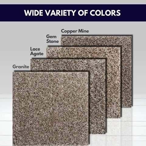 Walk In The Park Plush Carpet Tiles With Built In Padding 18x18 Peel And Stick Flooring in various colors displayed