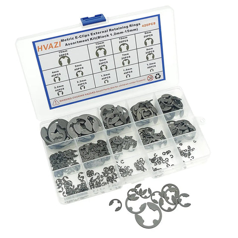 External E Clips Retaining Rings Kit, 420-Piece Metric Assortment From 1.2mm To 15mm, shown in open storage box