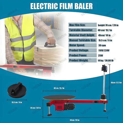 Heavy Duty Wrap Around Stretch Film Wrapper For Pallets, Dual Mode Semi Auto Turntable Dispenser, 15.7 Inch Table, Industrial Packaging Machine Built For Shipping And Pallet Packing with specifications on blue background.