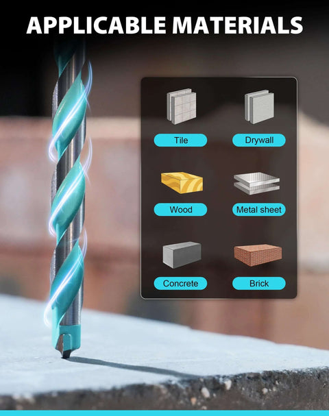 EZARC masonry drill bit with hex shank; turquoise coating, close-up beside an applicable materials panel.
