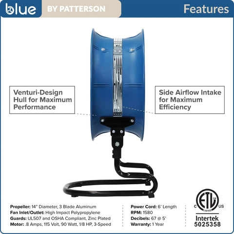 Side view of Blue 1400 A Beast Of A 14 Inch High Velocity Floor Fan With Heavy Duty Industrial Grade Build For Home Or Commercial Use Portable Floor Fan With 3 Speed Settings And 3 Tilt Positions Quiet Operation Built In Cord Storage showing its Venturi-design hull and side airflow intake.
