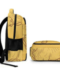 Side view of Vintage Bull Line Drawing Printed Unisex Backpack showing breathable straps and sturdy zipper.