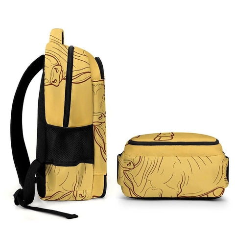 Side view of Vintage Bull Line Drawing Printed Unisex Backpack showing breathable straps and sturdy zipper.