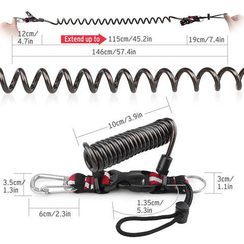Coiled Lanyard for Scuba Gear with Heavy Duty Stainless Steel Core and TPU Shell Tough as Nails Retractable Safety Cord dimensions