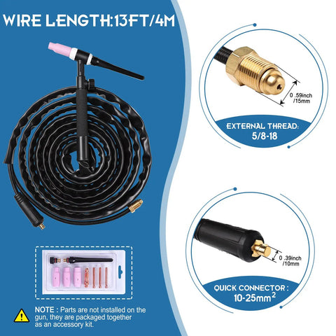 Diagram of Air Cooled TIG Torch 150A Lift TIG with WP17V Plug, 13-foot cable, showing external thread and quick connector.