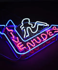 Live Nudes Neon Sign For Bars And Home Glass Neon Lights On Acrylic Backing Preassembled Wall Decor, glowing in blue and pink.