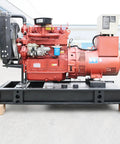 Job Site Ready Portable Generator Set For Temporary Outdoor Power And Commercial Backup Electric Supply With Slick Plug And Play Setup and Hella Tough Build You Can Trust side view of the generator with red engine and black frame.