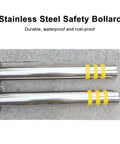 Tough As Nails Traffic Safety Bollard Post Three Inch Diameter By Twenty Four Inch Height Stainless Steel Parking Lot Barrier with yellow reflective tape.