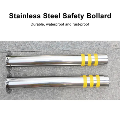 Tough As Nails Traffic Safety Bollard Post Three Inch Diameter By Twenty Four Inch Height Stainless Steel Parking Lot Barrier with yellow reflective tape.
