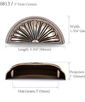 Antique Brass Cup Pulls 4 Pack With Petal Pattern Cabinet Hardware 3 Inch Hole Centers 94mm Overall Length, dimensions shown