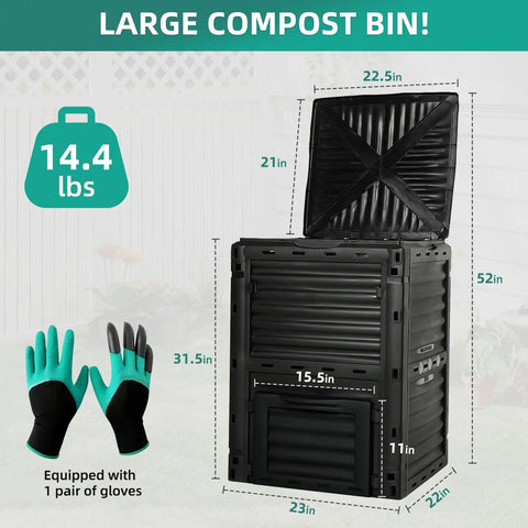 80 Gallon Outdoor Compost Bin With Top Flip Lid BPA Free Large Garden Composter showing measurements and included gloves