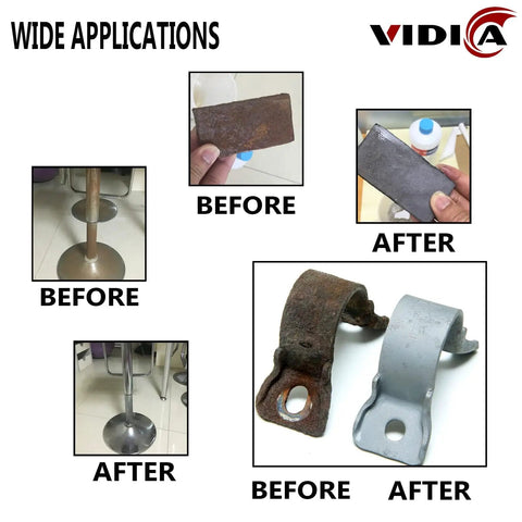 Before and after images showing rust removal using Heavy Duty Drill Wire Brush Set Nine Piece With Abrasive Wire Wheels.