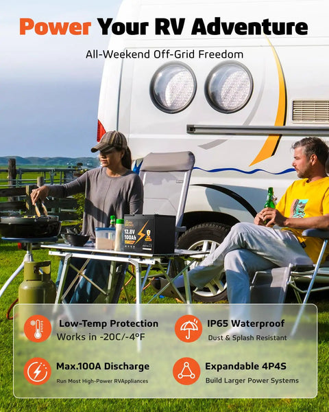 Heavy Duty 12 Volt 100 Ah LiFePO4 Deep Cycle Battery For RVs Campers Trolling Motor And Off Grid Solar Energy System in a campsite setting.