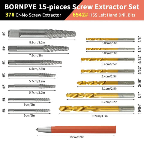 15 Piece Screw Extractor Kit With Left Hand Drill Bits For Removing Broken Bolts And Stripped Nuts In Cobalt HSS 6542 Cr Mo Steel EZ Out Center Punch Kit with dimensions and sizes displayed.