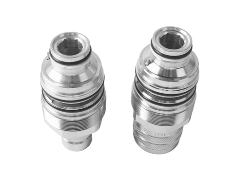 Pair of MIKODA hydraulic flat-face quick-connect couplers with 46mm threads, male and female.