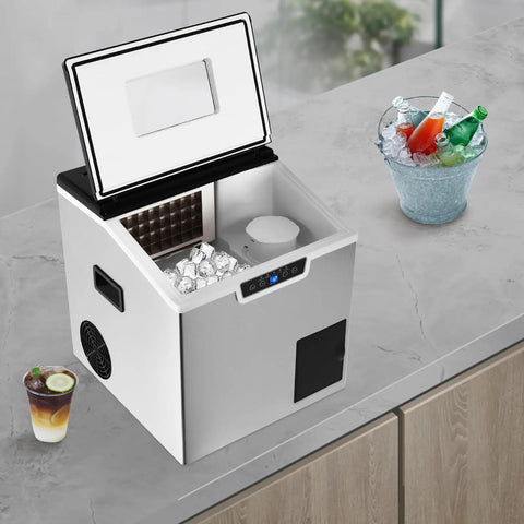 2 in 1 Countertop Ice Maker Crushed Ice and Cube Options Serving Chill with Rock Solid Stainless Steel Build and Smart LCD Screen Delivers No Sweat Operation Ideal for Mixology and Creamy Smoothies while Keeping Setup Slick at Social Hangouts, view from above showing ice cubes and drinks.