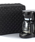 Keepsakes Quilted Coffee Maker Cover With Dust And Stain Resistant, Washable Slip On Design For Countertop Storage, black quilted cover beside espresso maker.