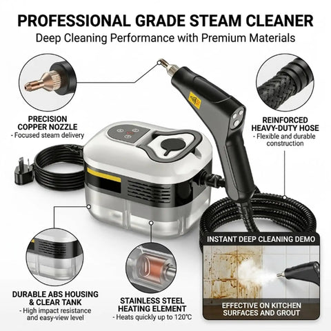 Heavy Duty Handheld Steam Cleaner With 1200ML Tank That Slays Grease And Sticky Buildup On Kitchens Bathrooms And Car Interiors Smooth Cleanup Guaranteed Every Time, featuring precision copper nozzle and flexible hose.
