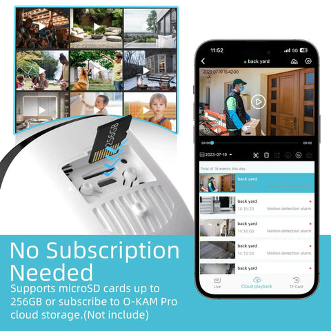 Camera close-up showing microSD card slot for 256GB storage, with smartphone app display for 4 Pack 5G And 2 4G Wireless Security Cameras.