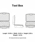 Diagram of Grab And Go Portable Plastic Tool Box With Locking Latches and measurements