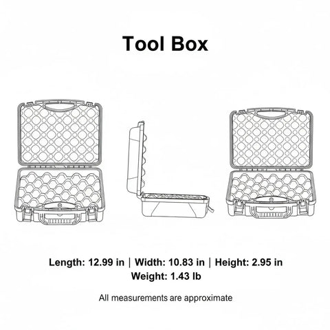 Diagram of Grab And Go Portable Plastic Tool Box With Locking Latches and measurements