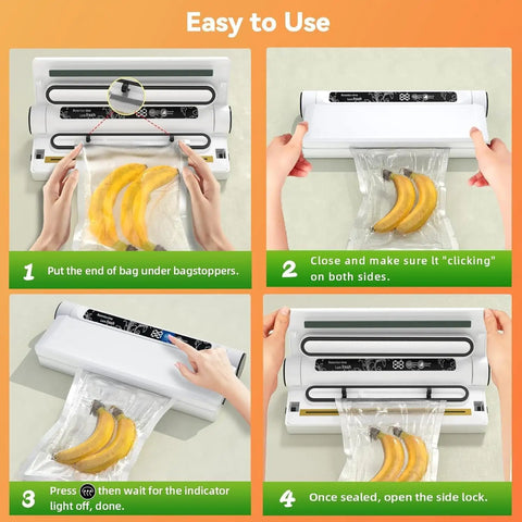 Step-by-step guide using Powerful 75KPa Vacuum Sealer For Dry And Wet Foods with bananas and vacuum bags