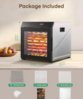 Pro Level Electric Food Dehydrator With Ten Roomy Stainless Trays For Big Batch Jerky And Crispy Fruit Snaps showcasing included accessories.