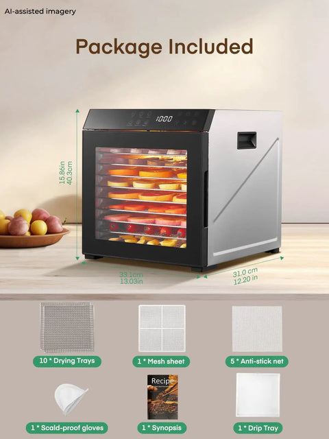 Pro Level Electric Food Dehydrator With Ten Roomy Stainless Trays For Big Batch Jerky And Crispy Fruit Snaps showcasing included accessories.
