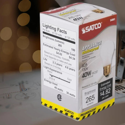 Product packaging for Shatterproof 40W A15 Light Bulbs Frosted 2700K Warm White 130V E26 Base with appliance illustration