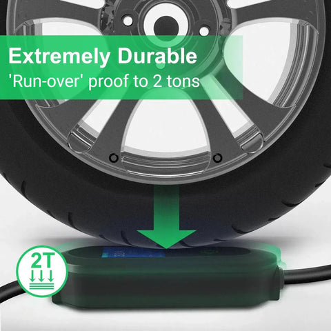 Rugged Portable EV Charger With China GBT To CEE Blue Commando Plug Adapter Solid 32A 7KW Mobile Charging Station under tire.
