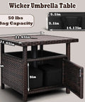Outdoor Patio Umbrella Table With Two Weight Bags And Umbrella Hole Brown Wicker End Table With Storage Two Tier Design Side Table For Outside Use Poly Lumber Top Ideal For Pool Deck Garden And Balcony showing dimensions and open storage door