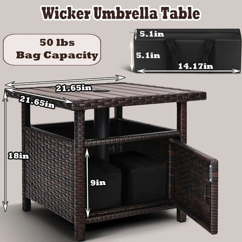 Outdoor Patio Umbrella Table With Two Weight Bags And Umbrella Hole Brown Wicker End Table With Storage Two Tier Design Side Table For Outside Use Poly Lumber Top Ideal For Pool Deck Garden And Balcony showing dimensions and open storage door