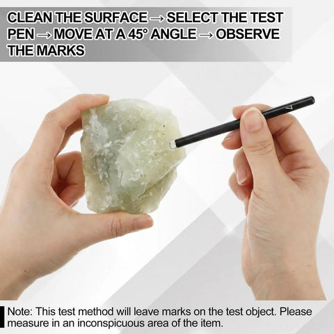 On The Go Mohs Hardness Tester Kit With Five Mohs Picks From 5 To 9 And Aluminum Case Pro Grade Gear For Mineral Identification held in hand.