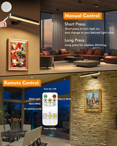 Rechargeable Picture Light With Remote 4000mAh Battery 300 Lumen LED Art Light Bar for wall paintings with manual and remote controls.