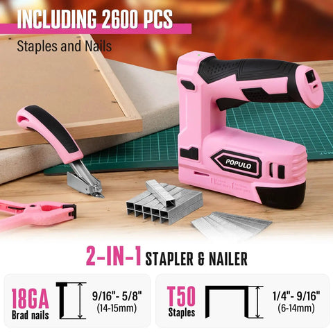 Pink Cordless 4V Electric Staple Gun 2 In 1 Stapler And Brad Nailer with staples and nails for upholstery and DIY projects