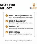 Text graphic highlighting the features of Clear Lens 40W G9 120V Halogen Bulbs Set Of 10 For Hanging Pendants And Chandeliers Sconces And Down Lamps JD T4 Type Warm 2700K High CRI No Blue Light.