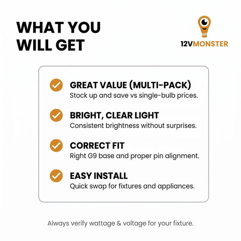 Text graphic highlighting the features of Clear Lens 40W G9 120V Halogen Bulbs Set Of 10 For Hanging Pendants And Chandeliers Sconces And Down Lamps JD T4 Type Warm 2700K High CRI No Blue Light.