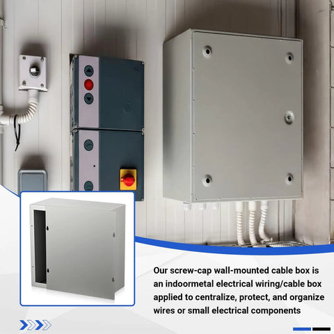 12x12x6 Inch Beefy Steel Electrical Enclosure Pull Box With Screw Cover installed on wall, showcasing outdoor watertight junction box.