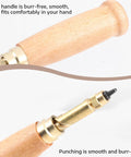 Slick Wooden Handle Bookbinding Tool With Six Interchangeable Tips Adjustable Leather Hole Punch showing smooth timber handle and brass tip.