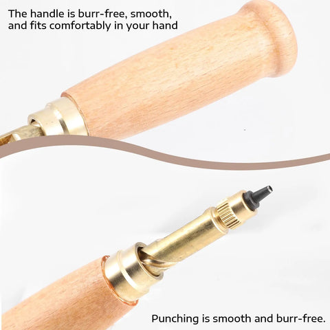 Slick Wooden Handle Bookbinding Tool With Six Interchangeable Tips Adjustable Leather Hole Punch showing smooth timber handle and brass tip.