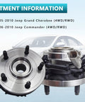 Two Pack Beefed-Up Front Wheel Bearing Hub Assembly 513234 For Jeep Grand Cherokee Commander 2005 2006 2007 2008 2009 2010 4WD RWD Front Left And Right With ABS Sensor 5 Bolt Replacement Kit shown in front of car model.