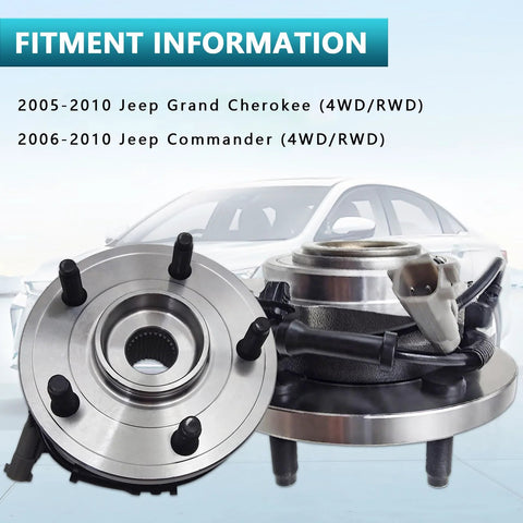 Two Pack Beefed-Up Front Wheel Bearing Hub Assembly 513234 For Jeep Grand Cherokee Commander 2005 2006 2007 2008 2009 2010 4WD RWD Front Left And Right With ABS Sensor 5 Bolt Replacement Kit shown in front of car model.