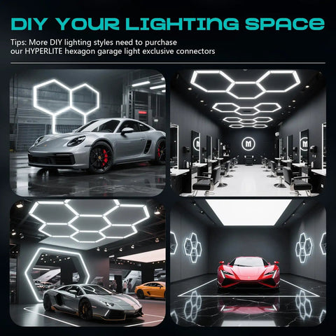 Hexagon Garage Lights Easy Install Ultra Bright LED Ceiling Light For Garages Workshops Warehouses Basements Gyms 105W 105LM High Output Modern Lighting With Even Illumination shown in auto shop settings